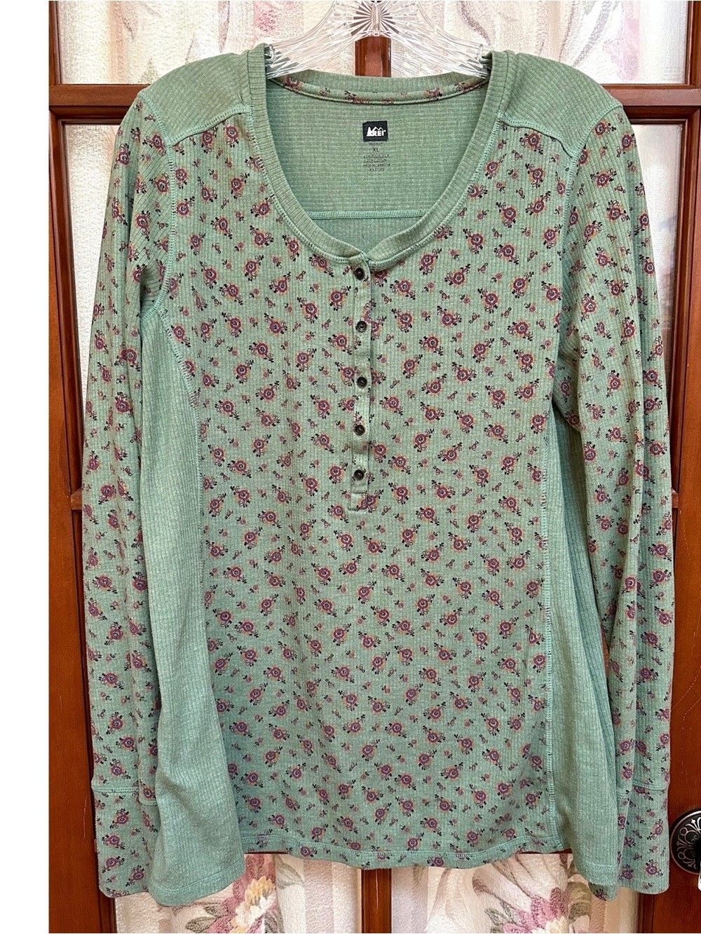 REI Sage Green Floral Henley Long Sleeve Top